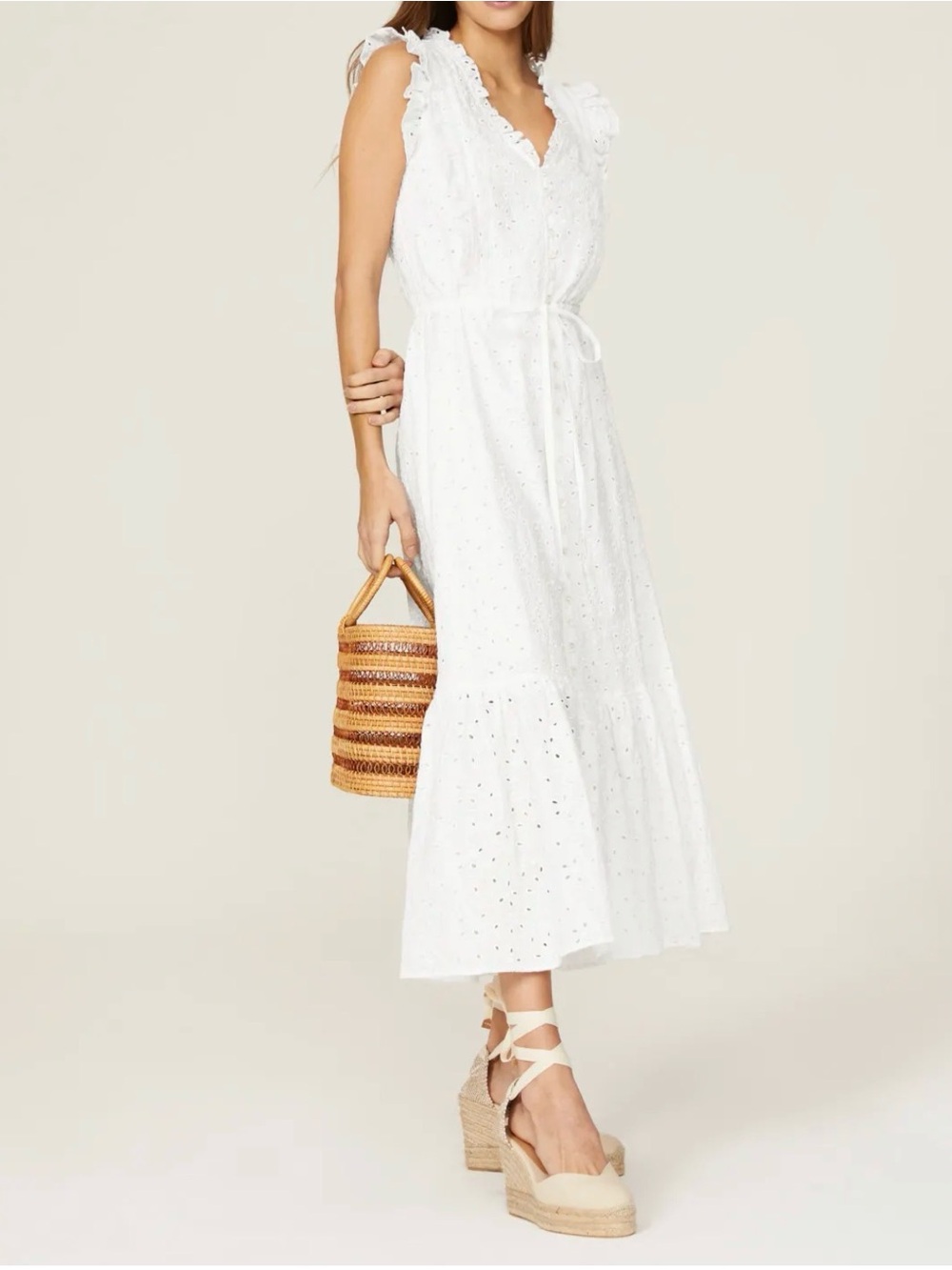 Polo Ralph Lauren Ruffled Sleeveless Linen Eyelet Lace Midi Dress Sz 10